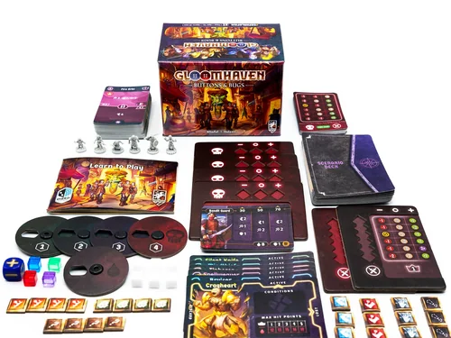 Everything in the box laid out: miniatures, character boards, ability cards, scenario book and tokens.