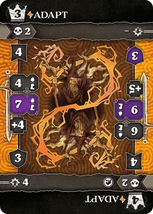 Adapt, an orange Mage action card, printed double-ended with its upgraded half upside down.
