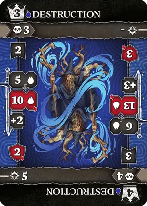Destruction, a blue Mage action card, printed double-ended with its upgraded half upside down.