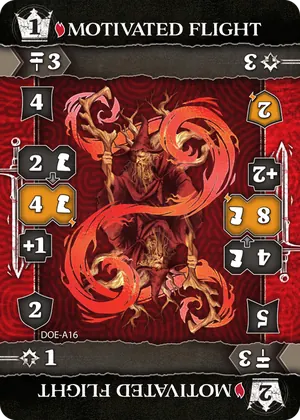 Motivated Flight, a red Mage action card, printed double-ended with its upgraded half upside down.