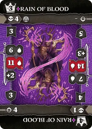 Rain of Blood, a purple Mage action card, printed double-ended with its upgraded half upside down.