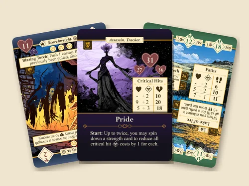 Three Farhome cards fanned out: the Scorchwright, the Pride enemy and the Flats of Mil-Bereth.