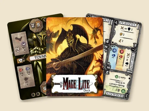Three Mage Lite cards fanned out: the hero Tovak, the Mage Lite deck card and a card of units.