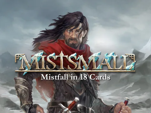 Mistsmall cover art: a dark-haired hero in a red scarf above the title, Mistfall in 18 Cards.