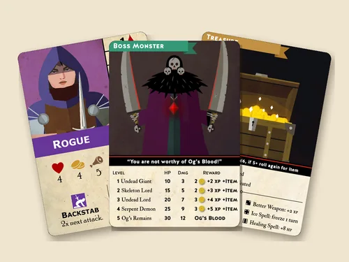 Three Mitty Rogue cards fanned out: the Rogue, the Boss Monster and the Treasure.