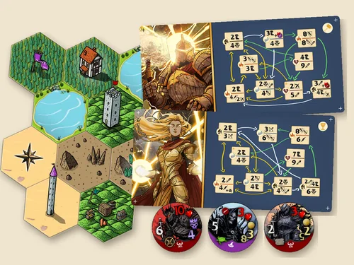 Nightbreaker pieces on a table: a hex map tile with a town, towers and lakes, two hero boards with golden armored heroes, and three round enemy tokens.