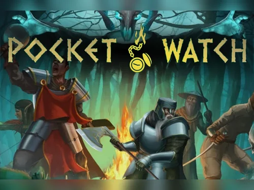 Pocket Watch cover art: the title in gold above a band of adventurers around a campfire.