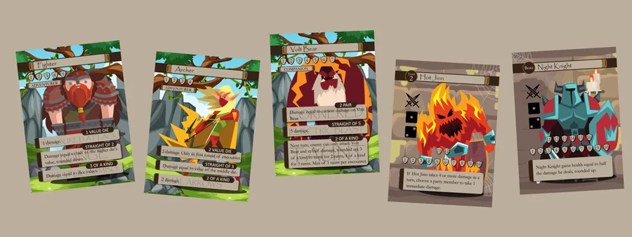 Five Roll Crawl cards in a row.